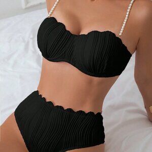 Black Cute Women's Beach Faux Pearl Decorated Shoulder Strap Sexy Bikini Set